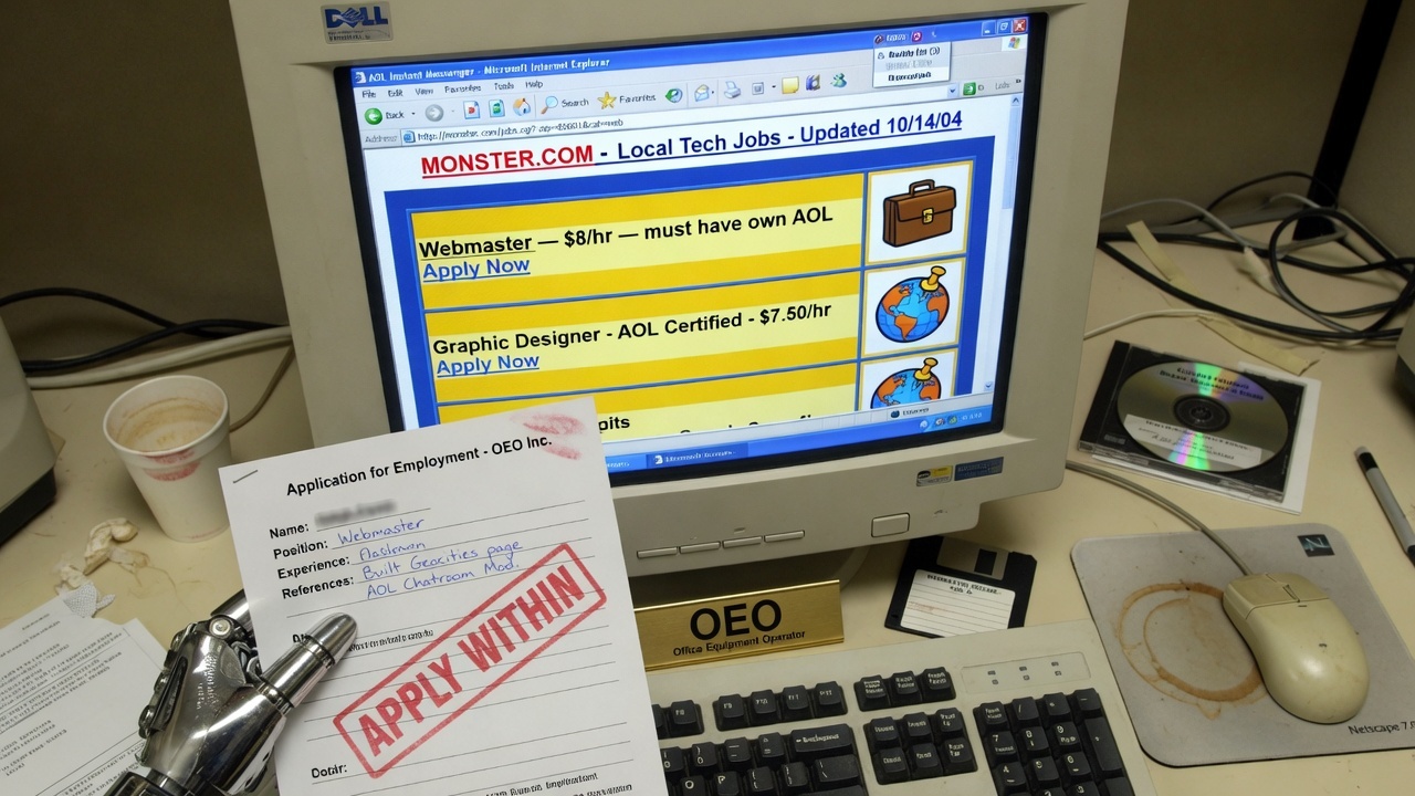Close-up of a beige CRT jobs board and a chrome robot hand holding a paper application stamped APPLY WITHIN, with a floppy disk and a clip-art CD on the desk.