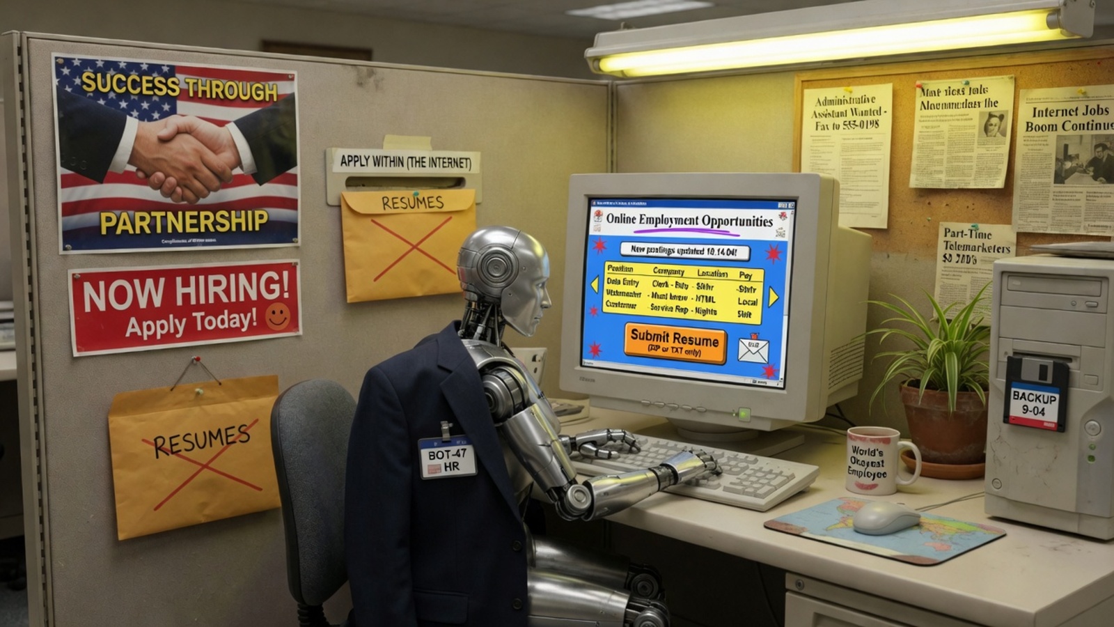 A beige 2004 cubicle farm under fluorescent lights, a chrome office robot in a navy blazer at a CRT showing a Geocities jobs board, a clip-art handshake poster, a red NOW HIRING banner, and a manila envelope labeled APPLY WITHIN (THE INTERNET).